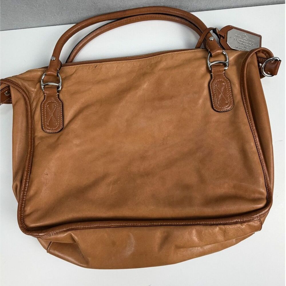 Lauren Ralph Lauren Cognac Leather Satchel Handbag Tan Brown Large Zip Tote